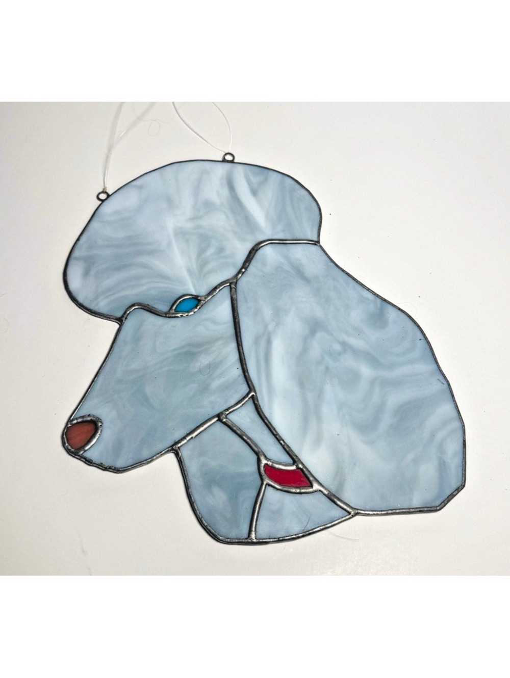 Vintage Stained Glass Poodle Suncatcher Window Hanging Blue Dog Panel Art